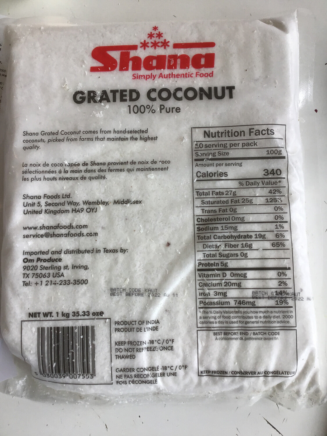 Shana Coconut Grated, 1 Kg, (Frozen)