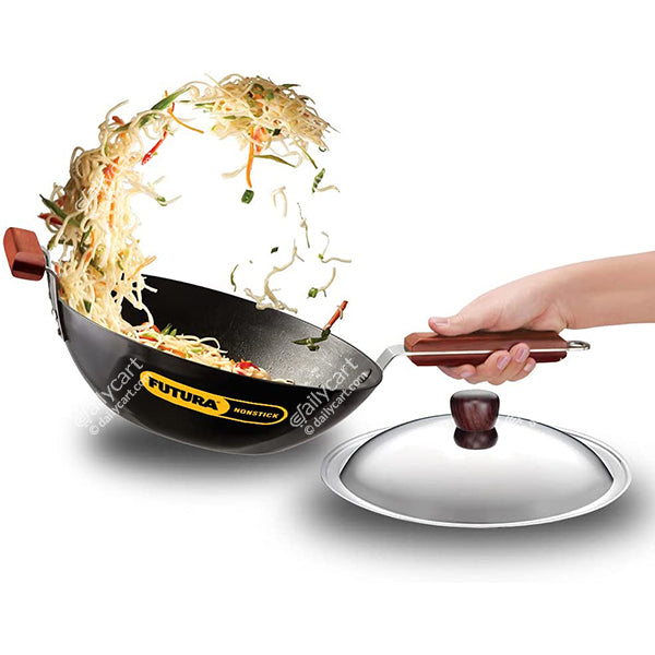 Hawkins Futura Nonstick Stir Fry Wok with Steel Lid, 3 litre, Flat Bottom