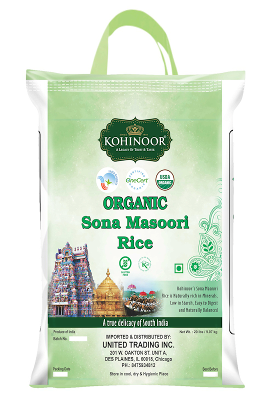 Kohinoor Organic Sona Masoori Rice, 20 lb