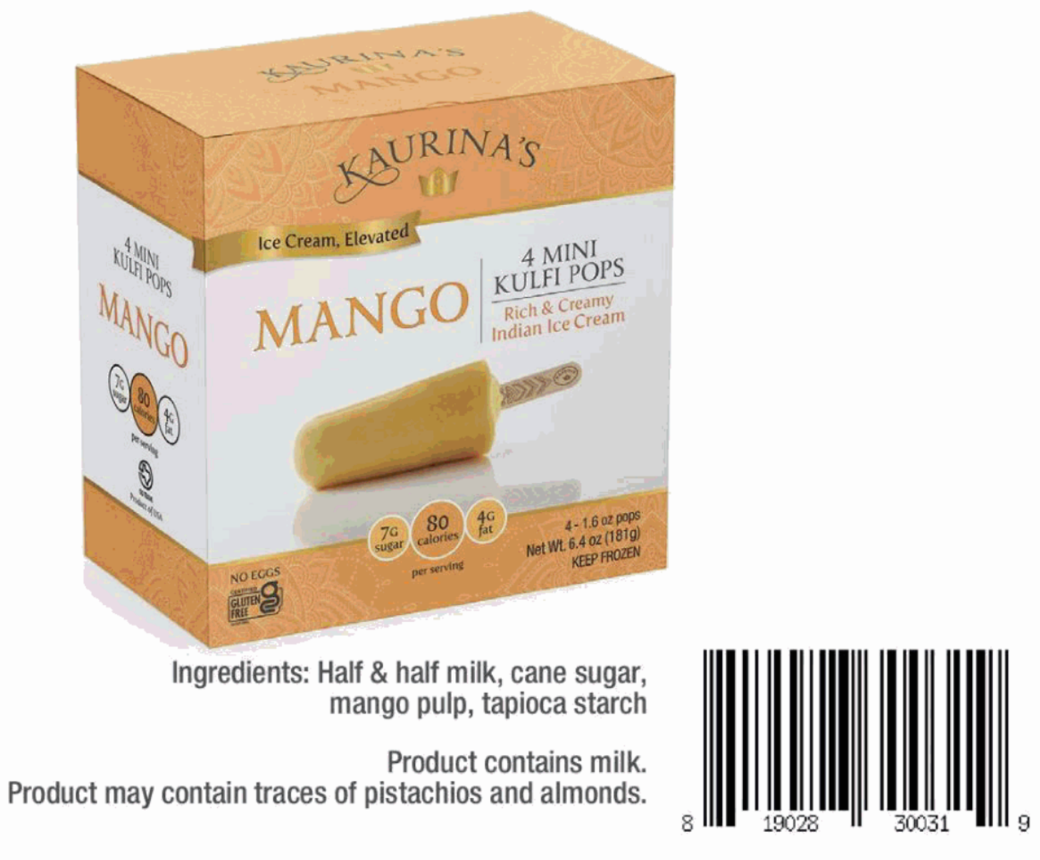 Kaurina's 4 Mini Kulfi Pops - Mango (Frozen)