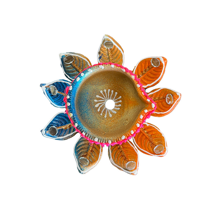 Diwali Decorated Fancy Mango Leaf Clay Diya WIthout Wax, 1 Fancy Diya (FD-27)