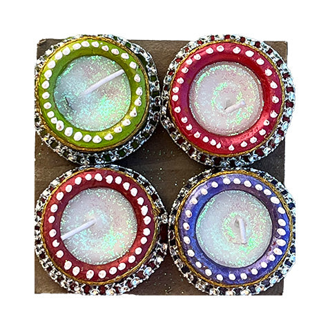 Diwali Decorated Clay Matki Diya With Wax, Pack of 4 Diyas (FM-06)