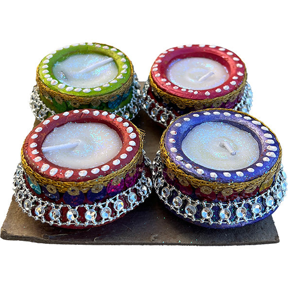 Diwali Decorated Clay Matki Diya With Wax, Pack of 4 Diyas (FM-06)