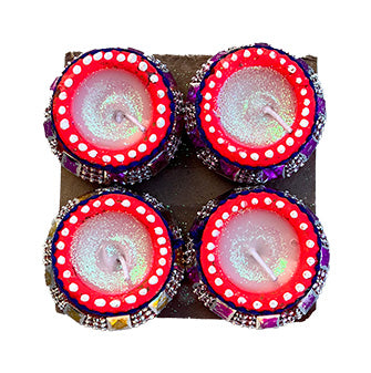 Diwali Decorated Clay Matki Diya With Wax, Pack of 4 Diyas (FM-10)