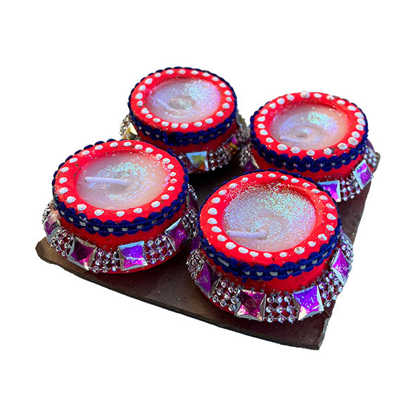 Diwali Decorated Clay Matki Diya With Wax, Pack of 4 Diyas (FM-10)