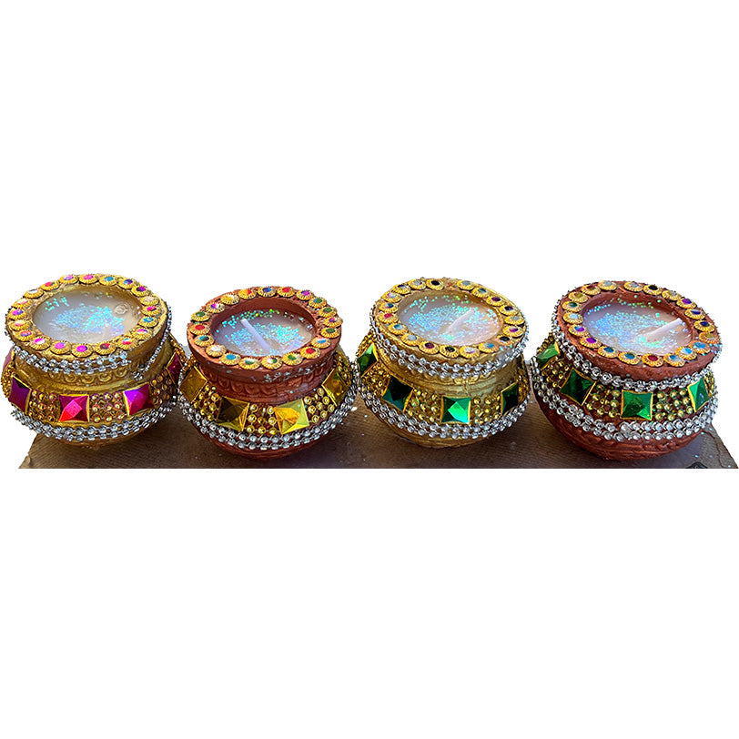 Diwali Decorated Clay Matki Diya With Wax, Pack of 4 Diyas (FM-16)