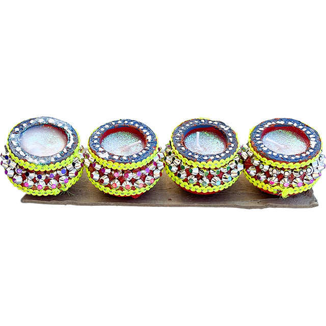 Diwali Decorated Clay Matki Diya With Wax, Pack of 4 Diyas (FM-18)