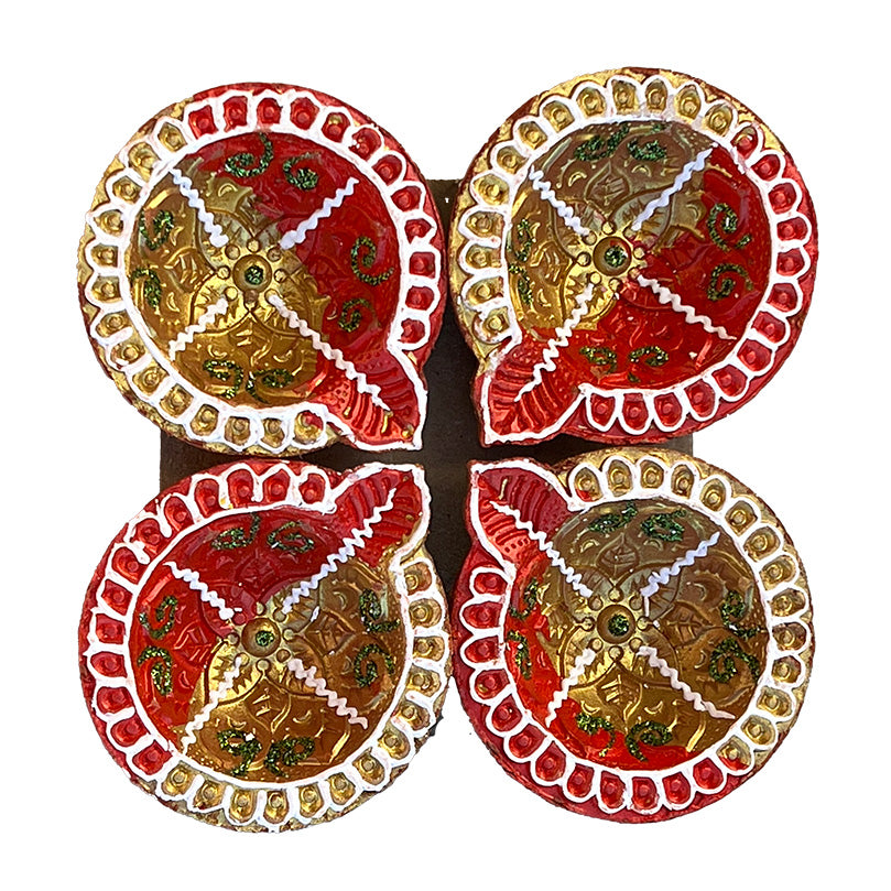 Diwali Decorated Clay Diya, Pack of 4 Diyas (FP-56)