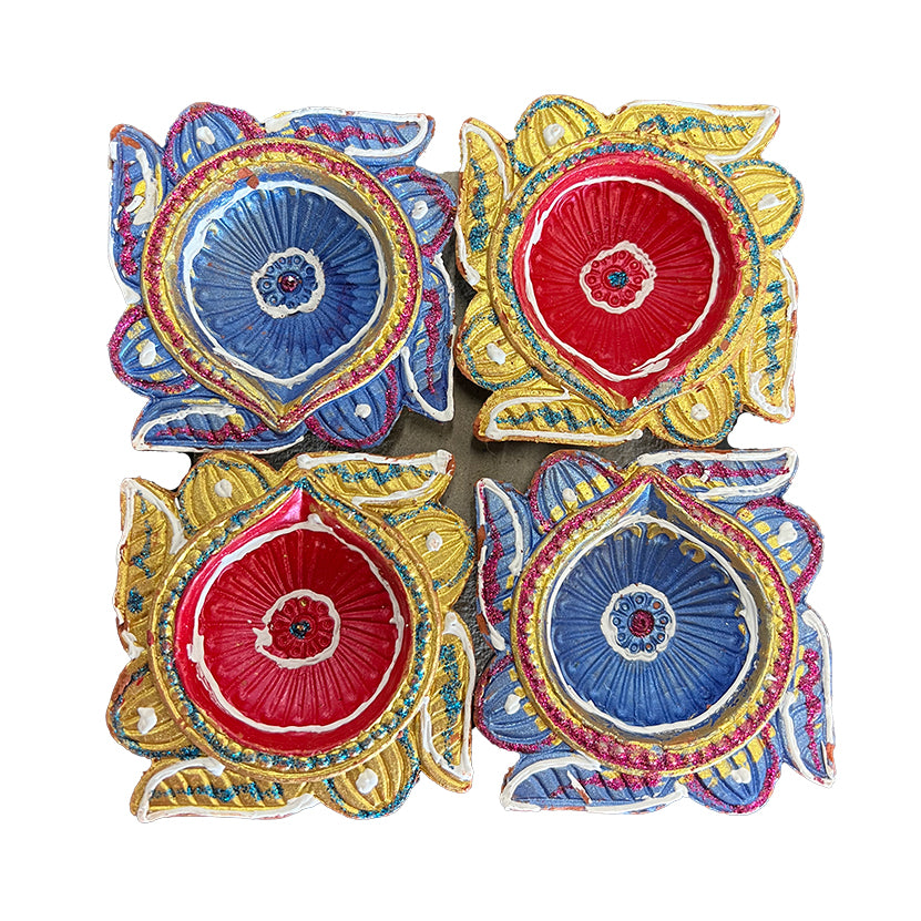 Diwali Decorated Clay Diya, Pack of 4 Diyas (FP-58)