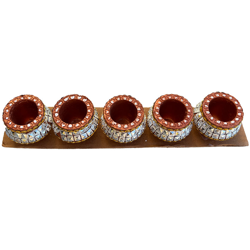 Diwali Decorated Clay Matki Diya Without Wax, Pack of 5 Diyas (PM-04)