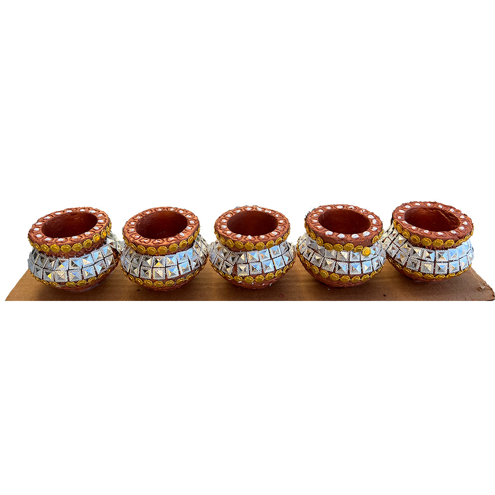 Diwali Decorated Clay Matki Diya Without Wax, Pack of 5 Diyas (PM-04)