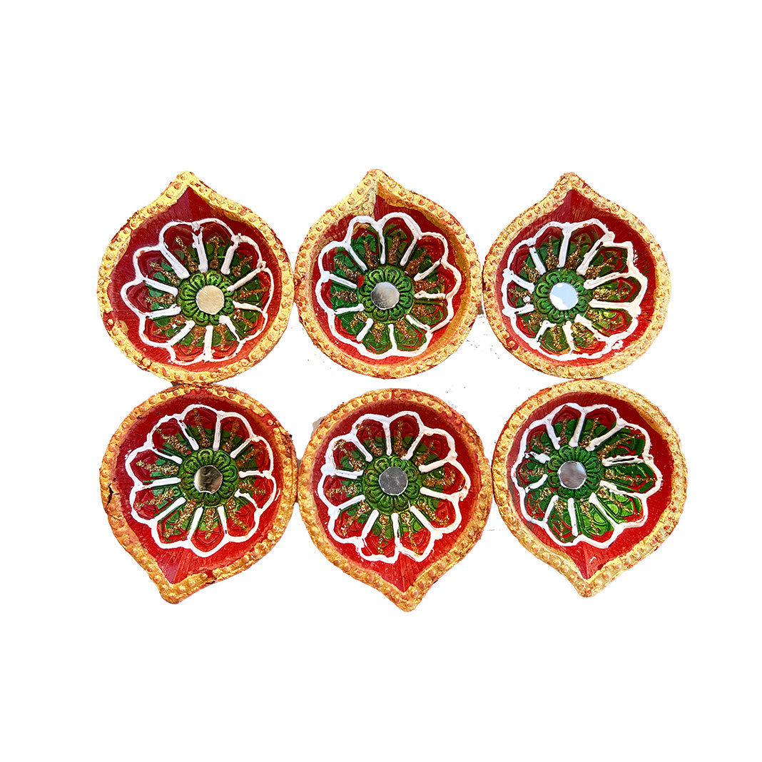 Diwali Decorated Clay Diya, Pack of 6 Diyas (RA-10)