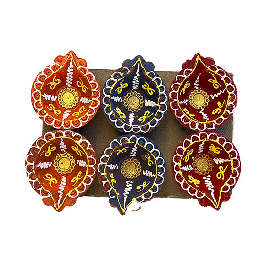 Diwali Decorated Clay Diya, Pack of 6 Diyas (RA-14)