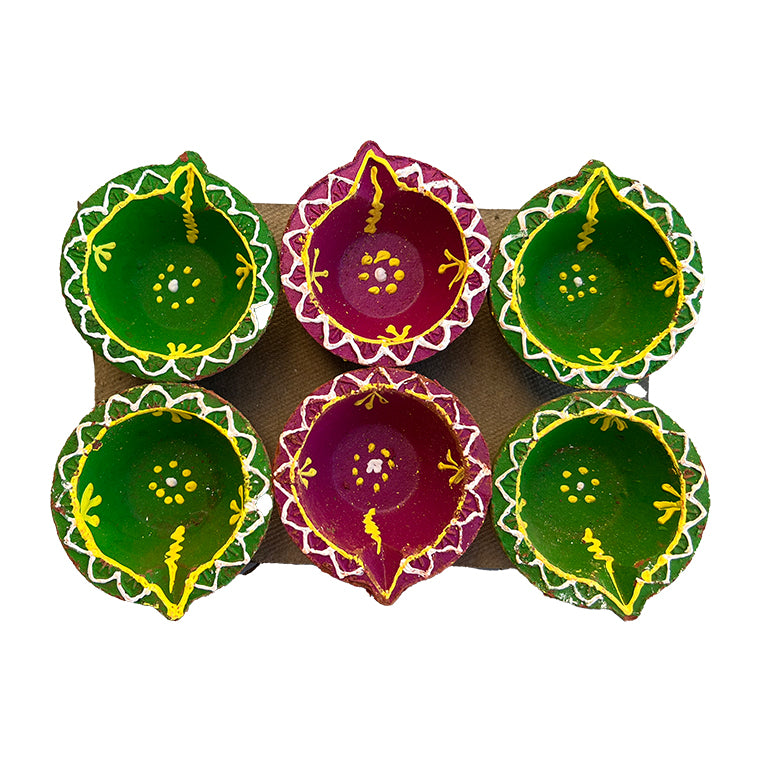 Diwali Decorated Clay Diya, Pack of 6 Diyas (RA-19)