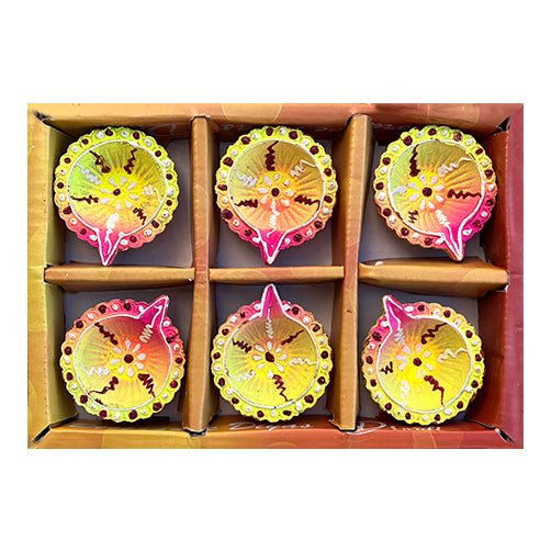 Diwali Decorated Clay Diya, Pack of 6 Diyas (RB-02)