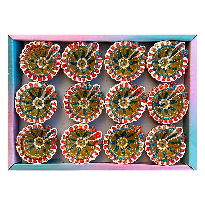 Diwali Decorated Clay Diya, Pack of 12 Diyas (TB-03)