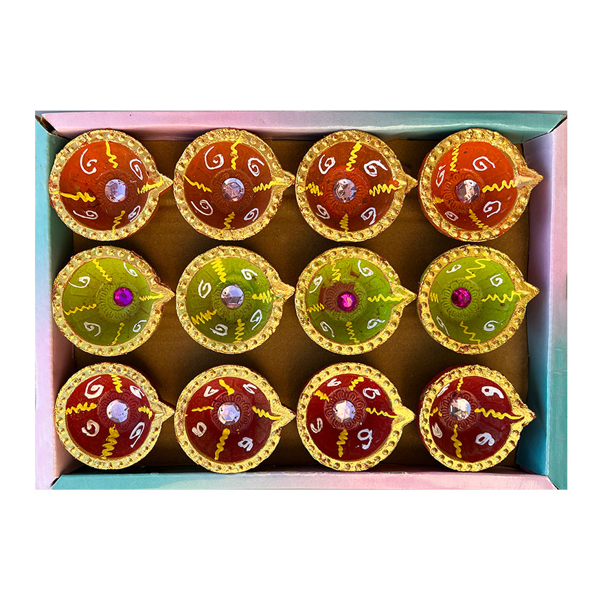 Diwali Decorated Clay Diya, Pack of 12 Diyas (TB-04)