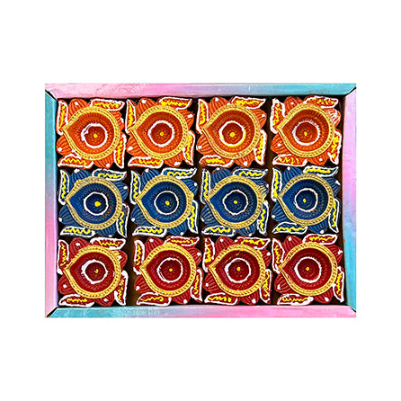 Diwali Decorated Clay Diya, Pack of 12 Diyas (TB-06)