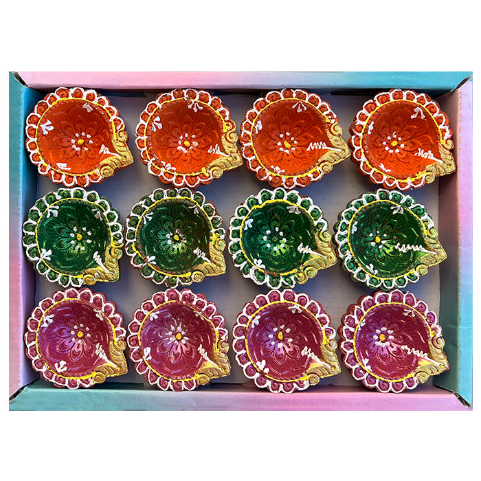 Diwali Decorated Clay Diya, Pack of 12 Diyas (TB-09)