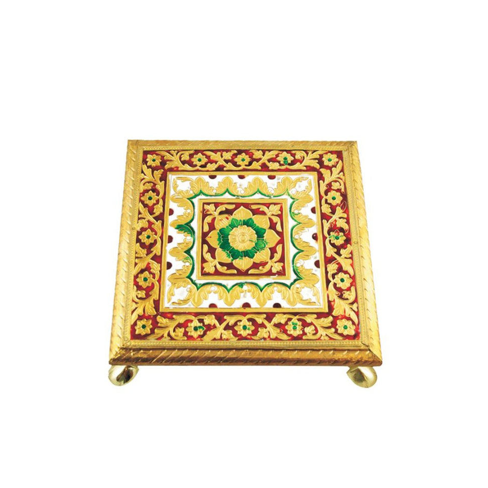 Golden Meenakari Chowki (Pooja Stool), 8" X 8", 1 Piece (74284)***NO RETURNS***