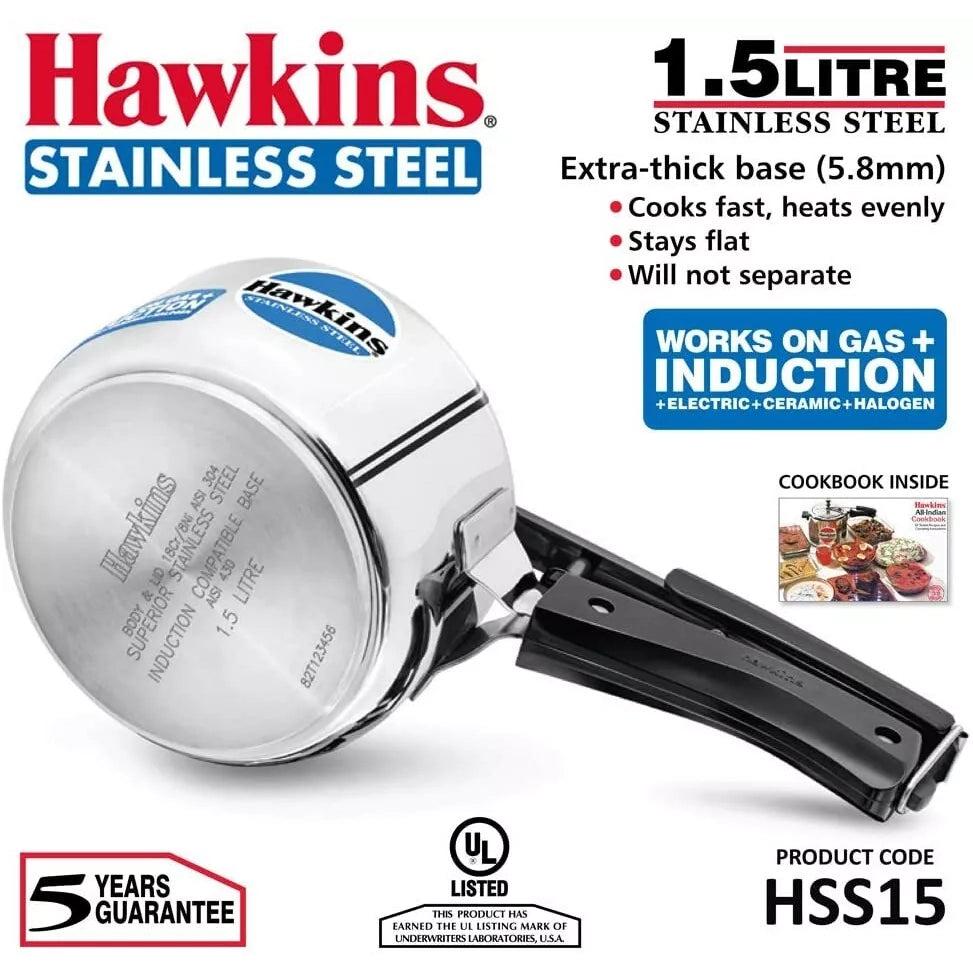 Hawkins Stainless Steel Pressure Cooker, 1.5 litre (HSS15)