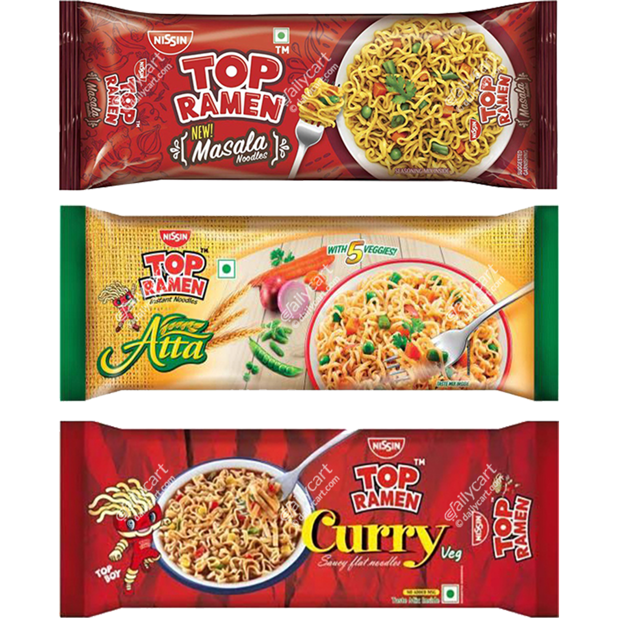 Nissin Top Ramen Noodles - Variety Pack (Masala, Atta, Curry Noodles), 800 g