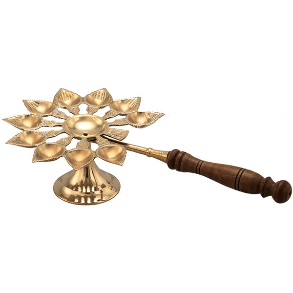 Brass Aarti Diya with Wooden Handle, 12" Inch
