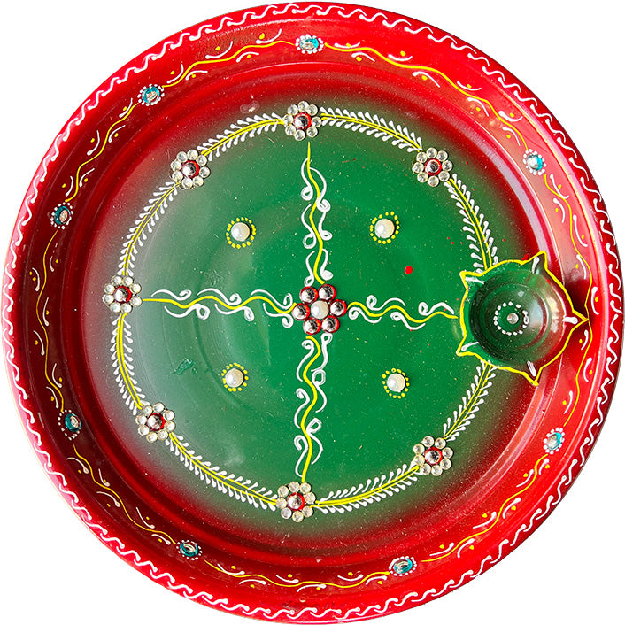 Diya Metal Plate - Red & Green, 1 Piece, (DC-28)