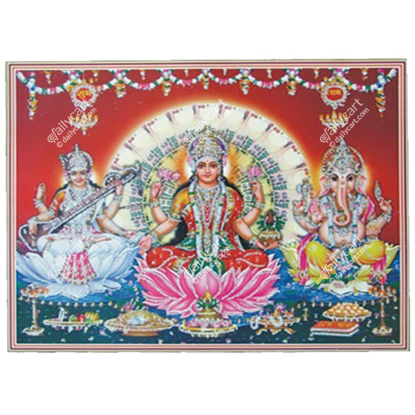 God Poster - Laxmi Saraswati Ganesha With Red Background, 9" x 12" Inch