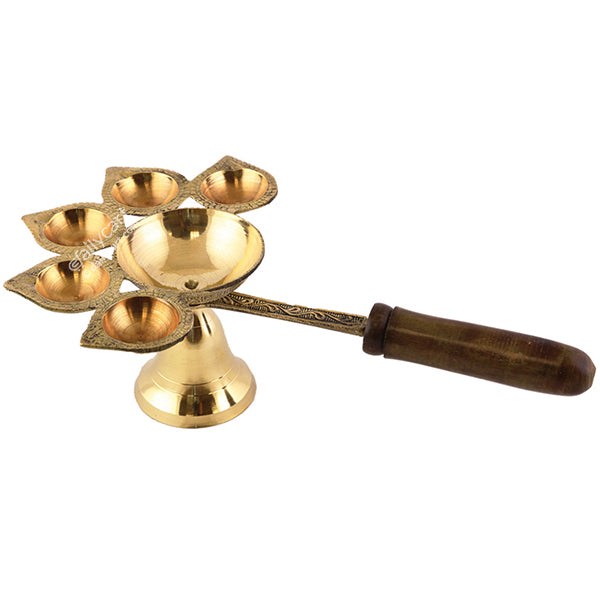 Panchmukhi Aarti Diya with Wooden Handle, 7" Inch