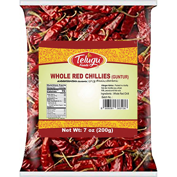 Telugu Foods Whole Red Chillies, 200 g